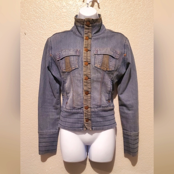 Heart Moon Star Denim Fitted Moto Jacket 2 Toned Size Medium - Picture 1 of 1